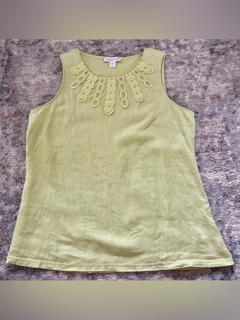 Coldwater Creek women’s 10/12 100% cotton lime yellow sleeveless top embroidery